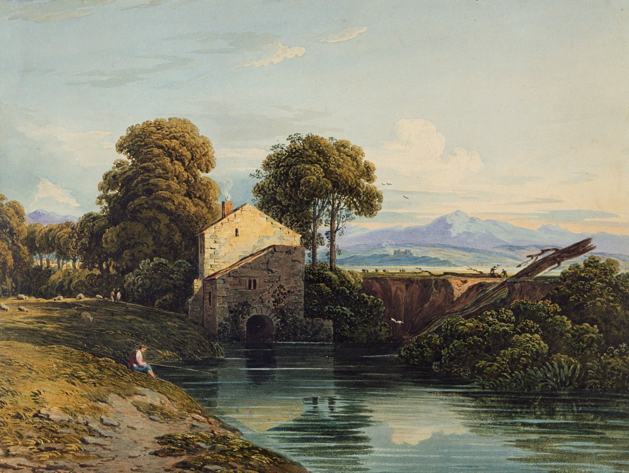 Wassermühle mit fernem Schloss und Hügeln von John Varley
