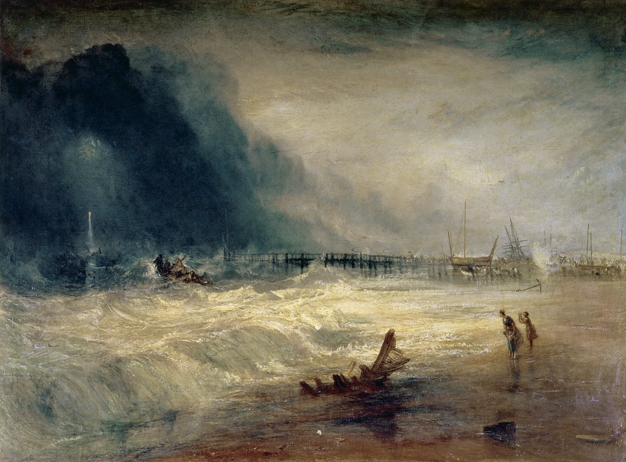 Rettungsboot und Manby-Apparat gehen zu einem gestrandeten Schiff, das Notsignale (blaue Lichter) gibt, ca. 1831 von Joseph Mallord William Turner