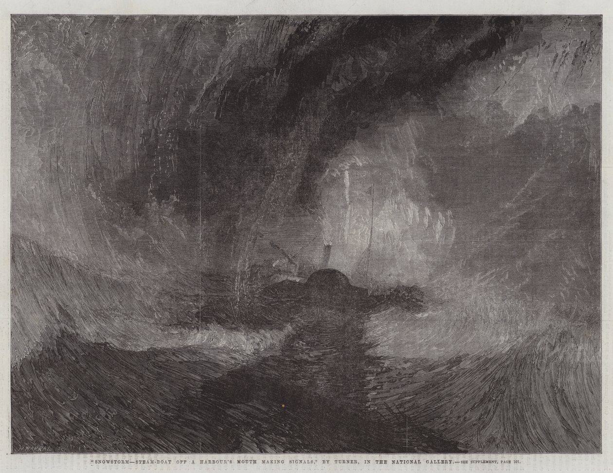 Schneesturm, Dampfschiff vor einer Hafeneinfahrt, das Signale gibt, in der National Gallery von Joseph Mallord William Turner