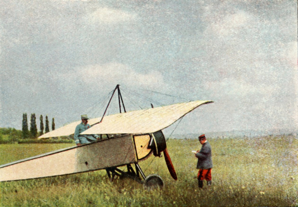 Ein Flugzeug des Typs Morane-Saulnier G, das mit einem 7,9-mm-Hotchkiss-Maschinengewehr ausgestattet werden konnte, September 1914 von Jules Gervais Courtellemont