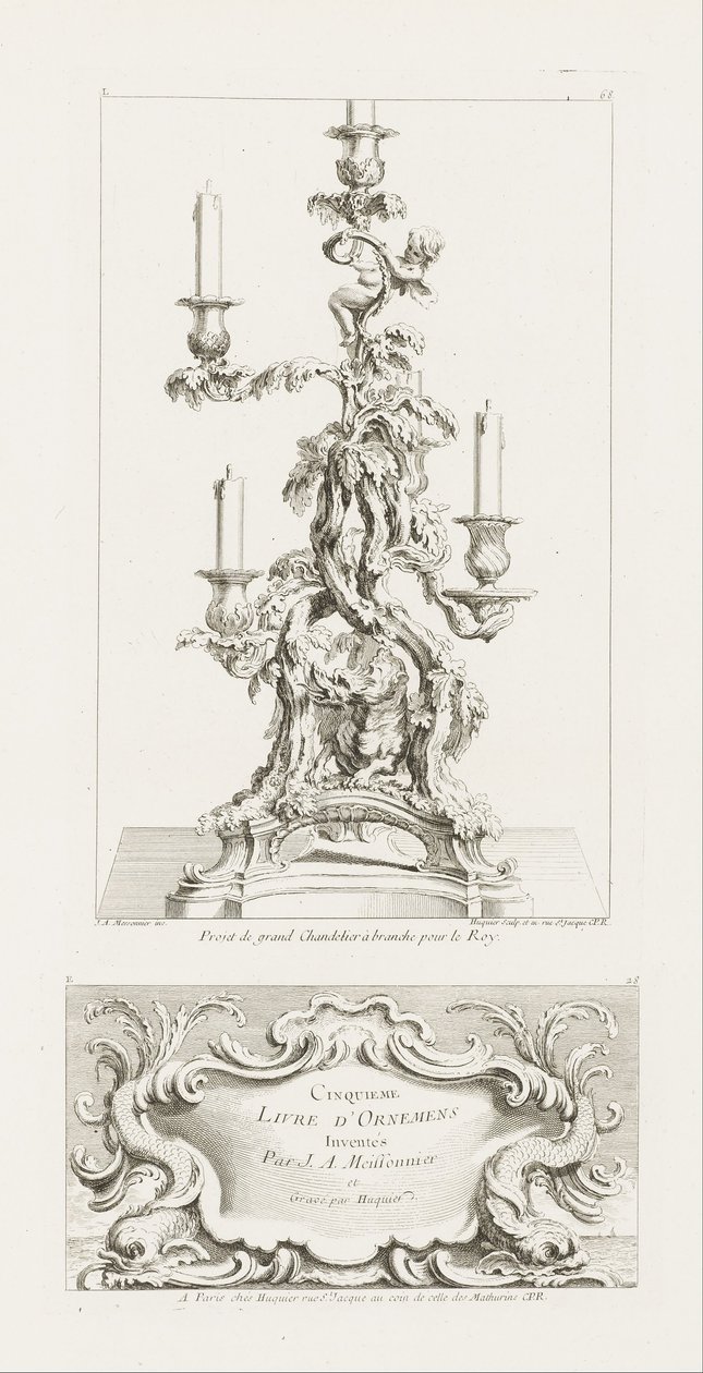 Entwurf eines großen Kronleuchters für den König, Kronleuchter mit fünf Armen und einem Drachen, 2. Pl... von Juste Aurèle Meissonnier