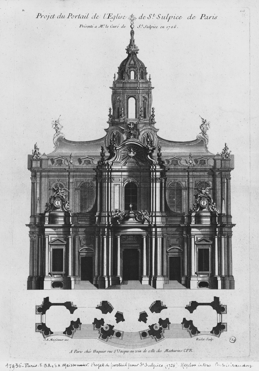 Projekt für die Kirche Saint-Sulpice, Fassade, Paris, graviert von Riolet, 1726 von Justin Aurele Meissonier