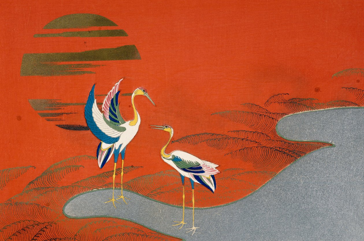 Vögel bei Sonnenuntergang am See von Kamisaka Sekka