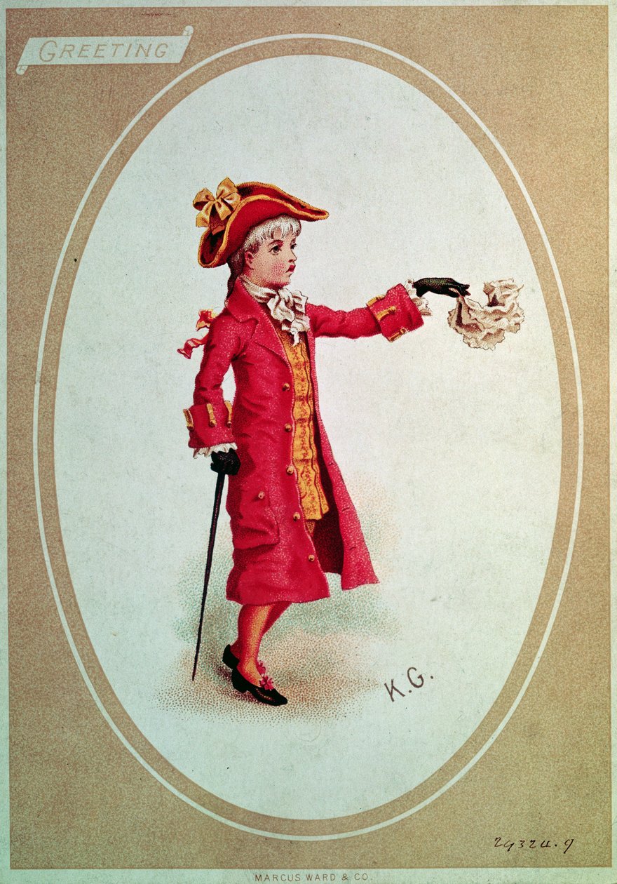 Junge in Scharlachrot gekleidet (viktorianische Karte) von Kate Greenaway
