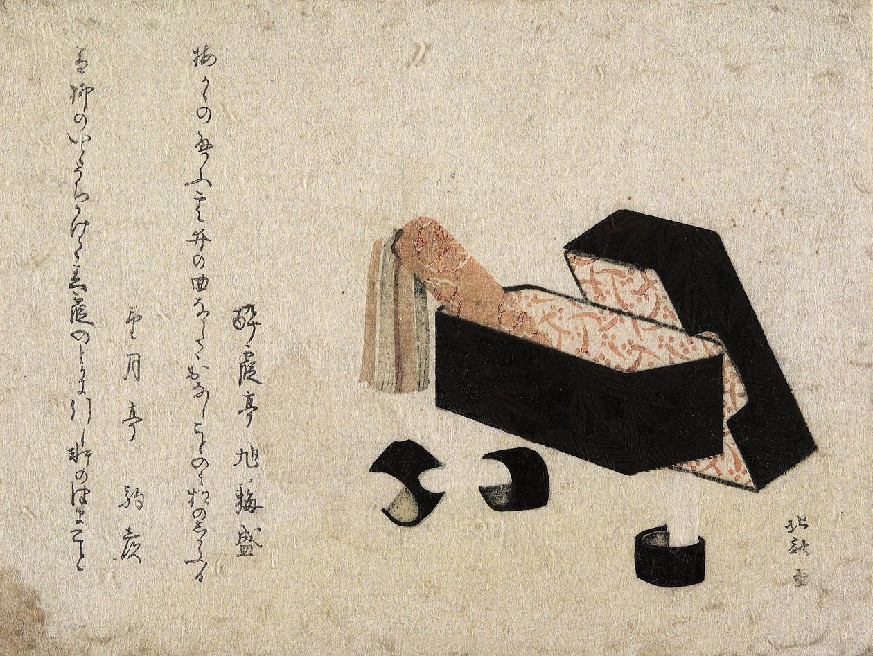 Schwarze Lackdose mit Koto-Schlägern von Katsushika Hokusai