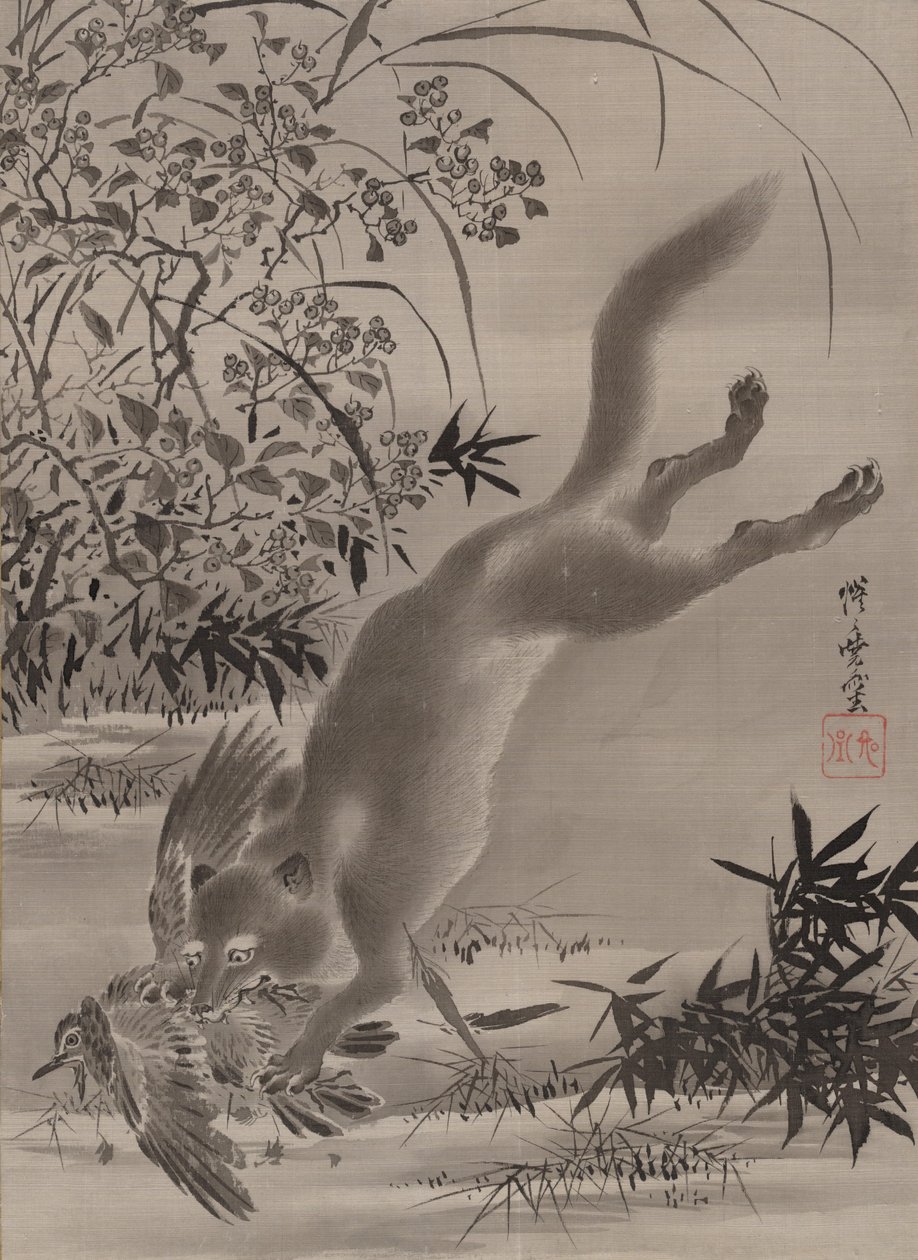 Fuchs fängt Vogel, ca. 1887 von Kawanabe Kyosai