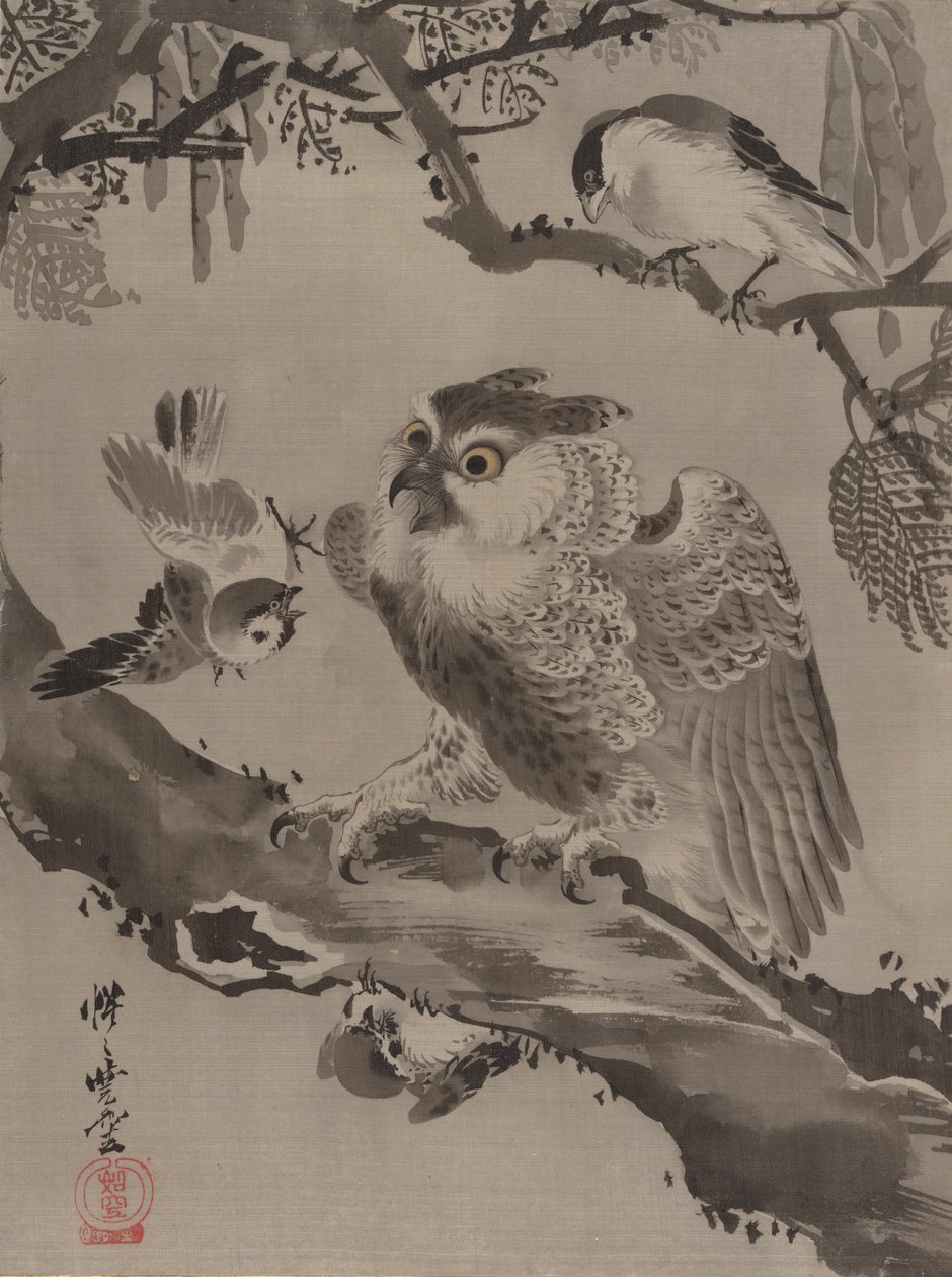 Eule von kleinen Vögeln verspottet von Kawanabe Kyosai
