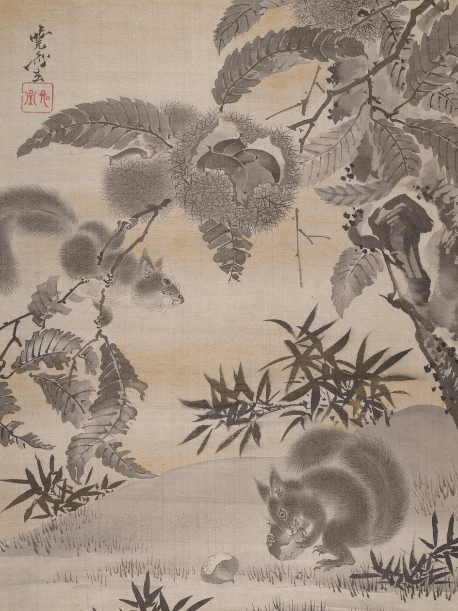 Eichhörnchen sammeln Kastanien (ca. 1887) von Kawanabe Kyosai