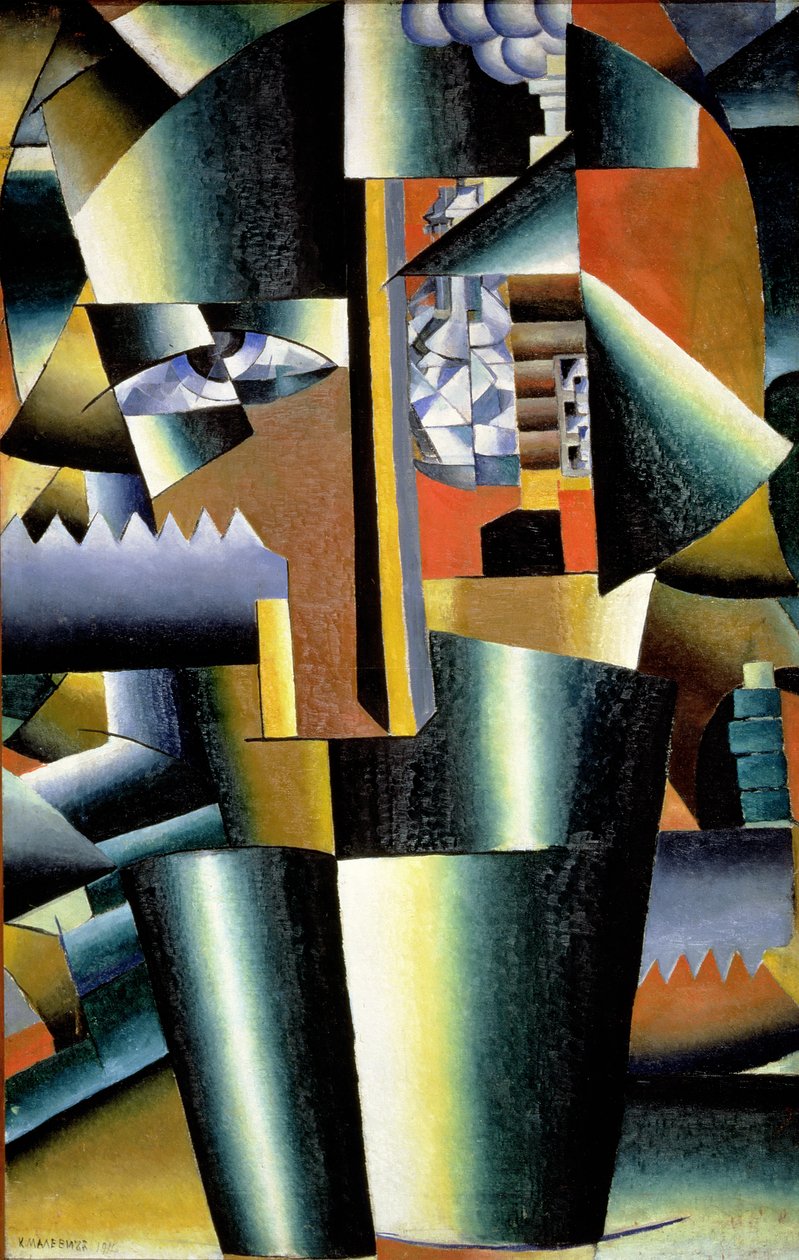 Porträt des Künstlers Ivan Vasilievich Klyun als Baumeister, 1911 von Kazimir Severinovich Malevich