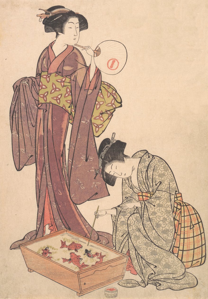 Zwei Frauen füttern Fische, 1739-1820 von Kitao Shigemasa