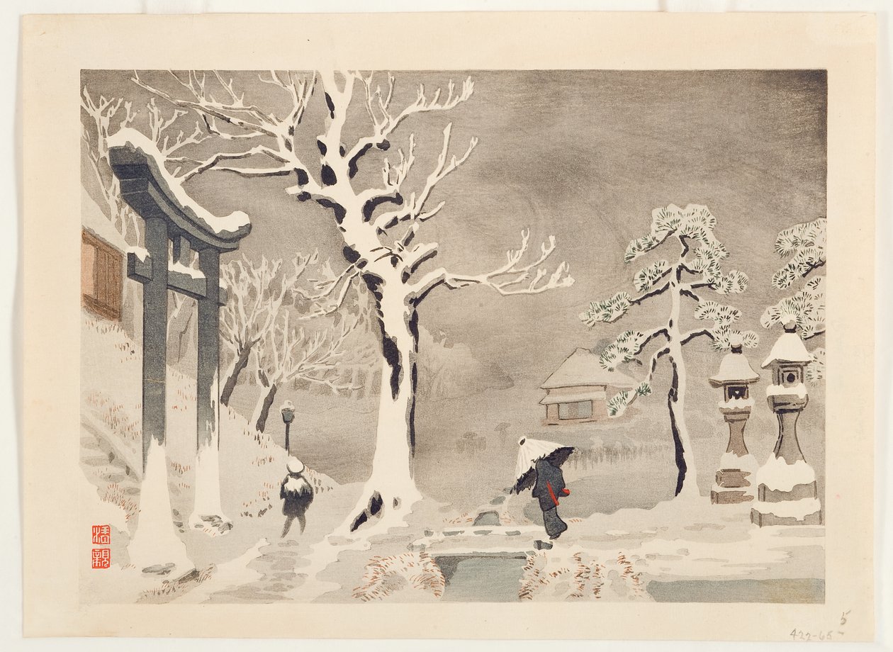 Schneeszene unter dem Damm am Mimeguri-Schrein, Mukojima, ca. 1915 von Kobayashi Kiyochika