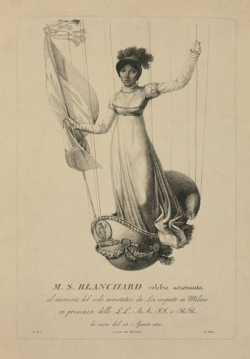 Sophie Blanchard im Korb ihres Ballons während ihres Fluges in Mailand in Anwesenheit Napoleons, 1811 von L. Rados