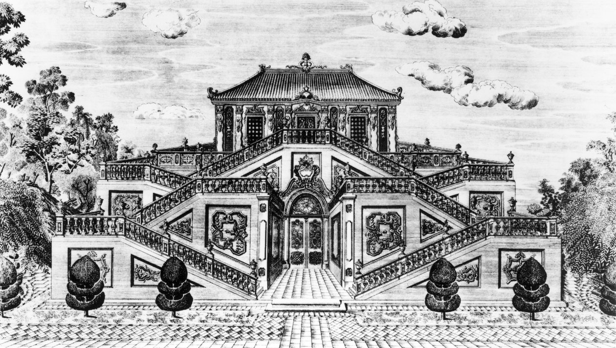 Ostseite des Palastes der Ruhe des Meeres, Gärten von Yuan Ming Yuan, Peking, 1783-86 von Lang Shining