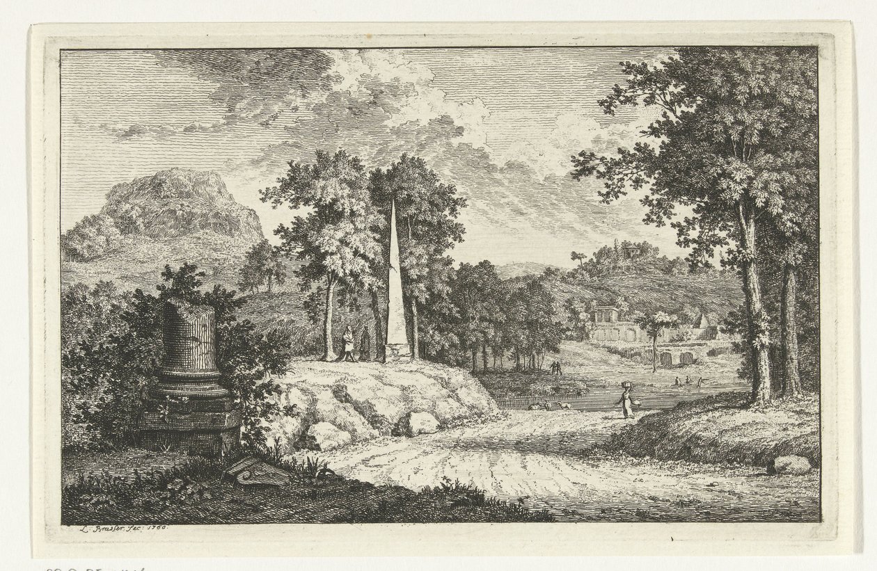 Hügelige Landschaft mit Obelisk entlang der Straße von Leendert Brasser