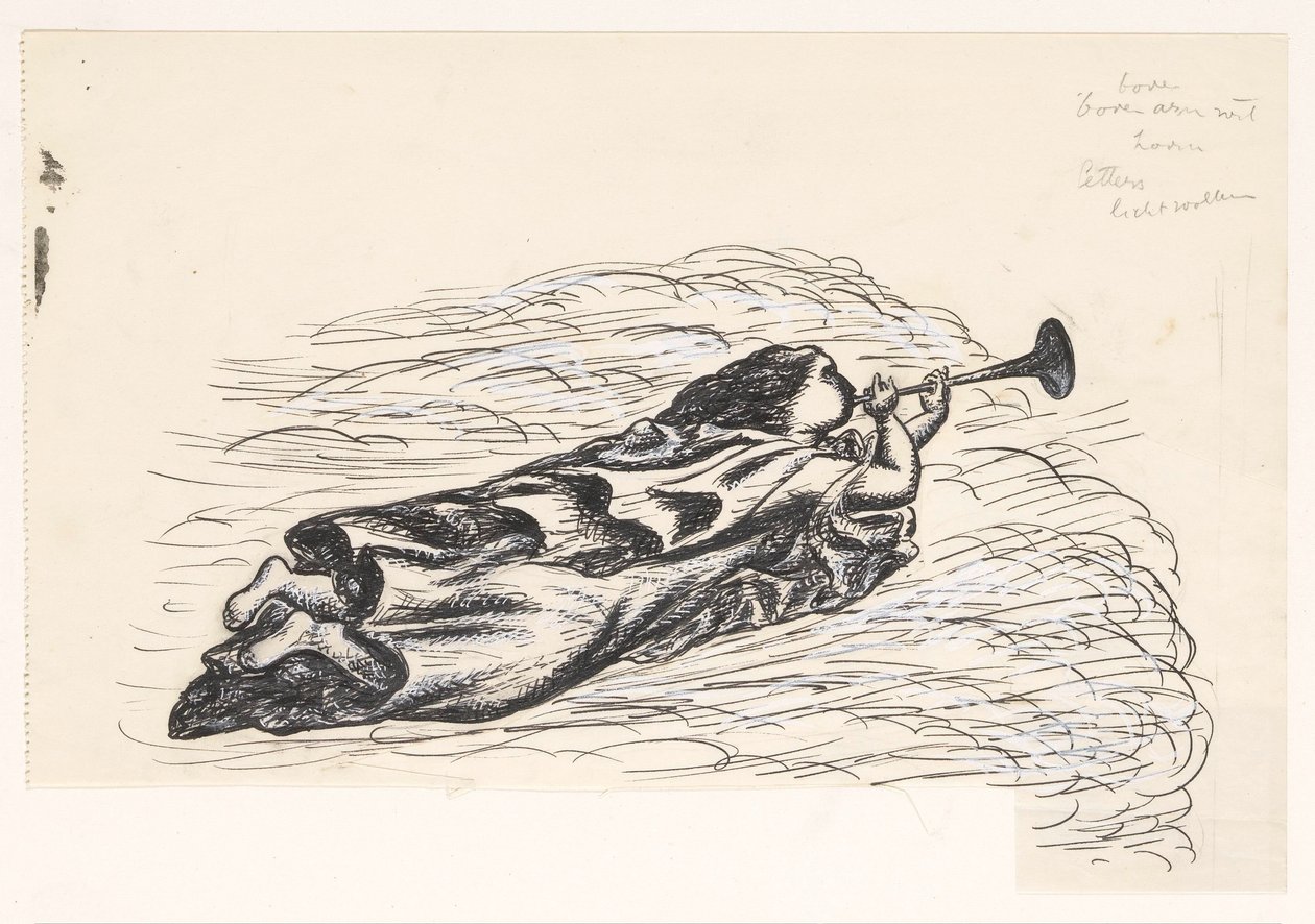 Frau mit Trompete, schwebend auf Wolken von Leo Gestel