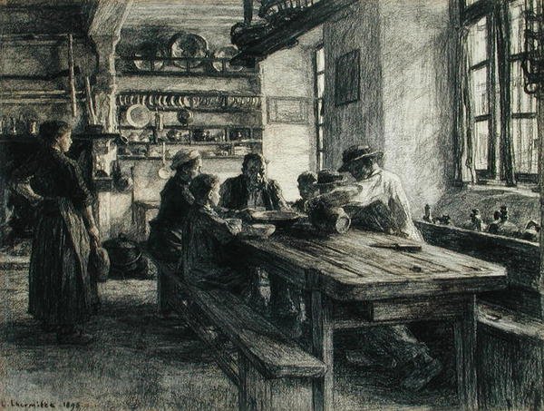 Figuren in einer Kücheninterieur von Leon Augustin Lhermitte