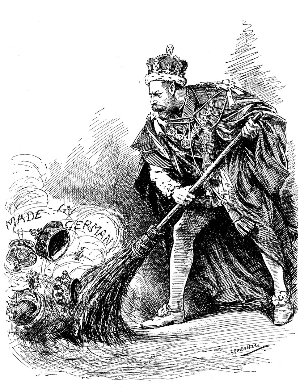 Der König hat eine populäre Handlung vollzogen, indem er die deutschen Titel, die Mitglieder seiner Familie innehatten, abgeschafft hat. von Leonard Raven Hill