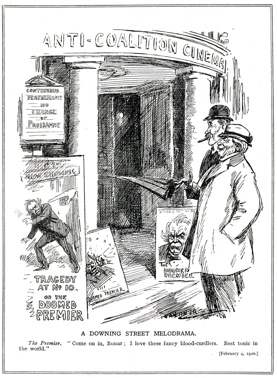 Der liberale Premierminister, Lloyd George, lädt seinen konservativen Kanzler, Bonar Law, ein, das 