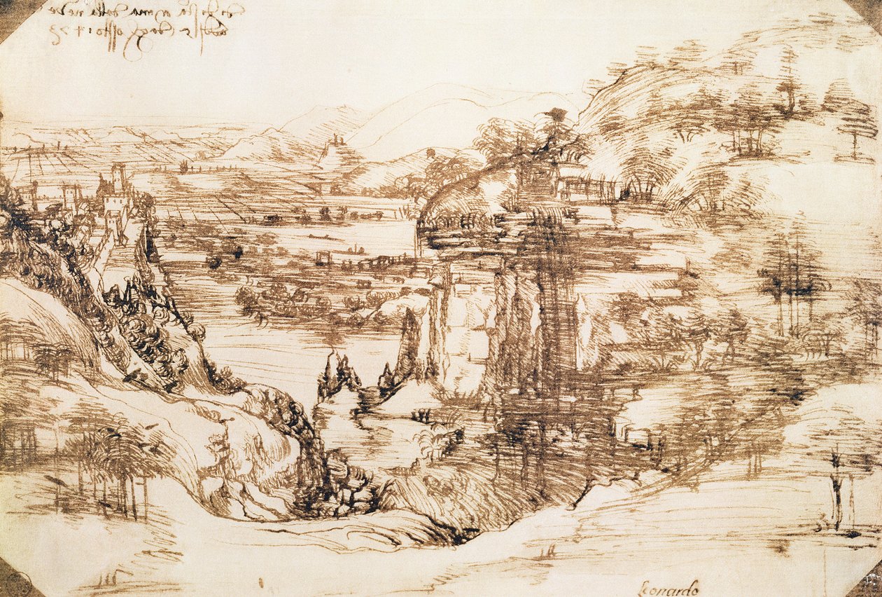 Arno-Landschaft, 5. August 1473 von Leonardo da Vinci