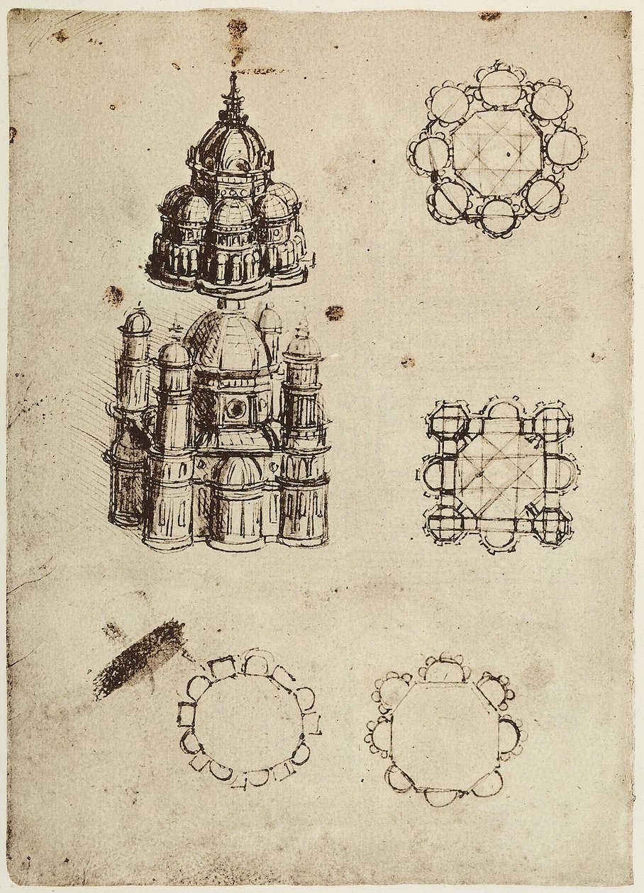 Zentral geplante Gebäude, Zeichnung von Leonardo da Vinci, Teil des Codex B (2173), c.25v, aufbewahrt im Institut de France, Paris von Leonardo da Vinci