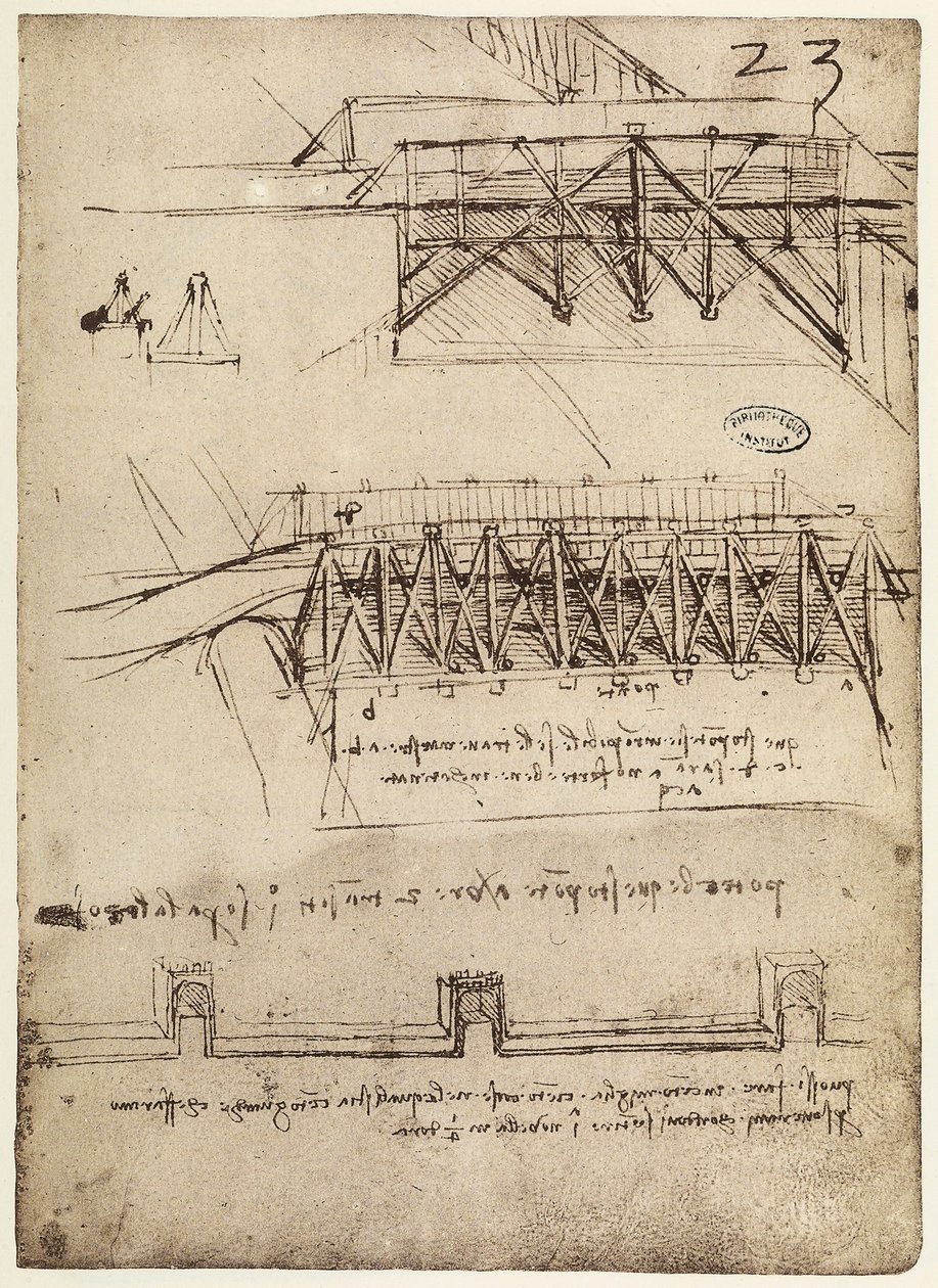 Codex B 2172 f.23r, Entwürfe für Brücken von Leonardo da Vinci