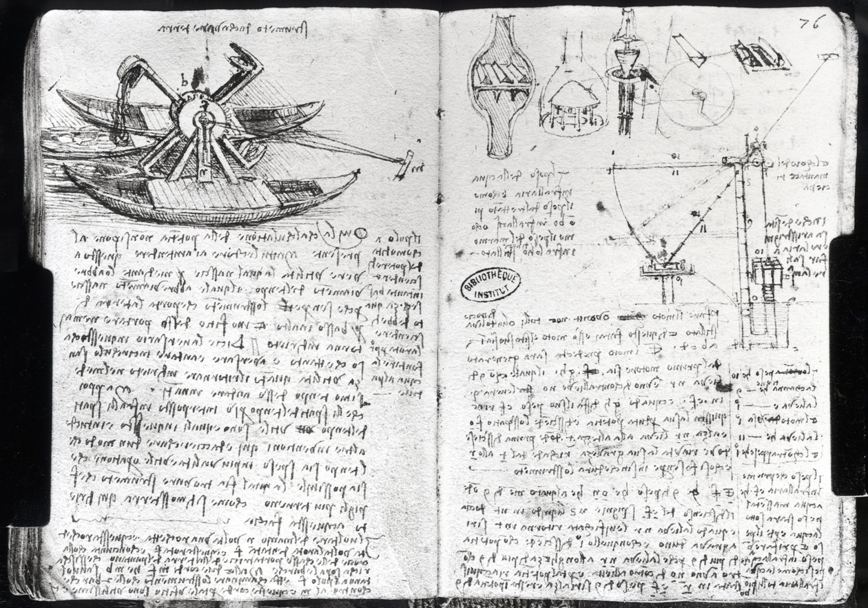 Entwurf für einen Bagger und verschiedene hydraulische Maschinen, fol. 75v und 76r aus dem Pariser Manuskript E, 1513-14 von Leonardo da Vinci