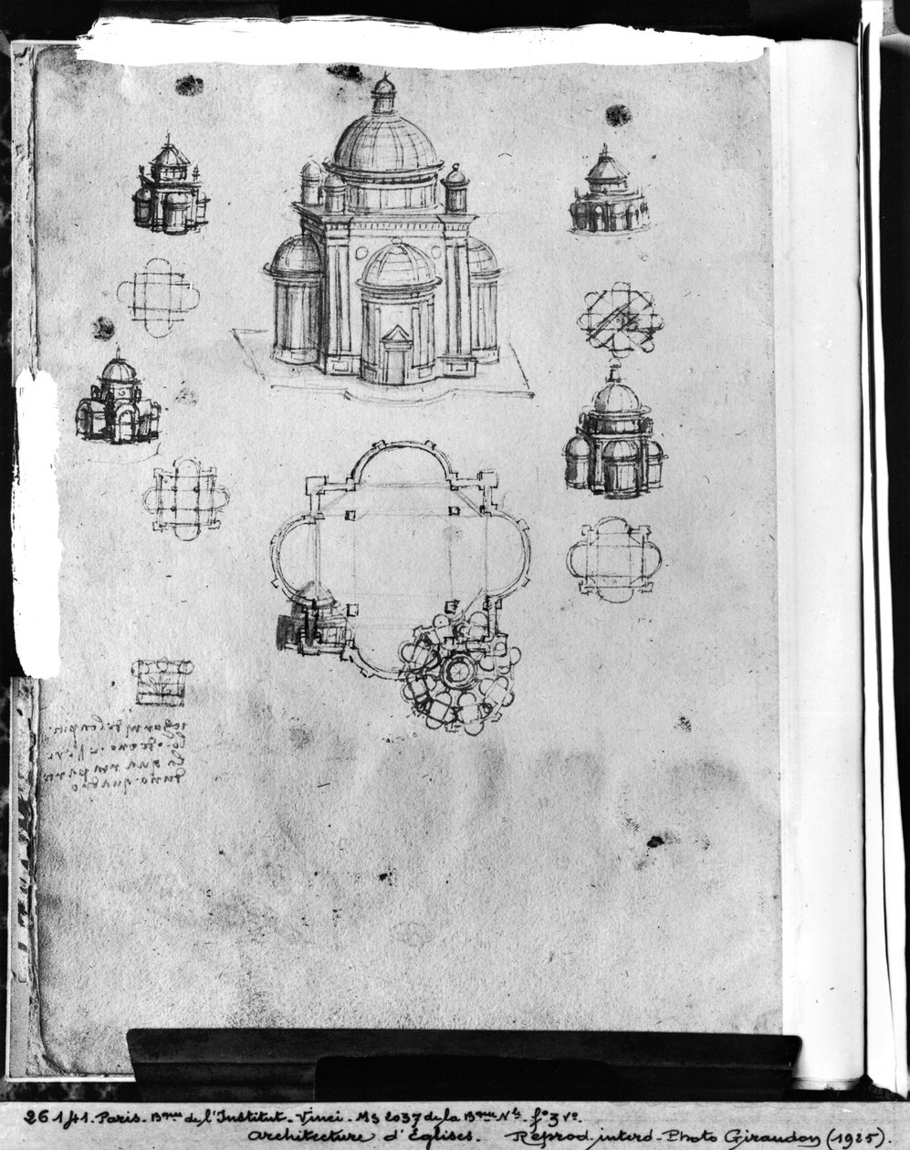 Entwürfe für eine zentral geplante Kirche, fol. 3v aus Codex Ashburnham I und II (ehemals Teil des Manuskripts B (2184)), ca. 1492 von Leonardo da Vinci