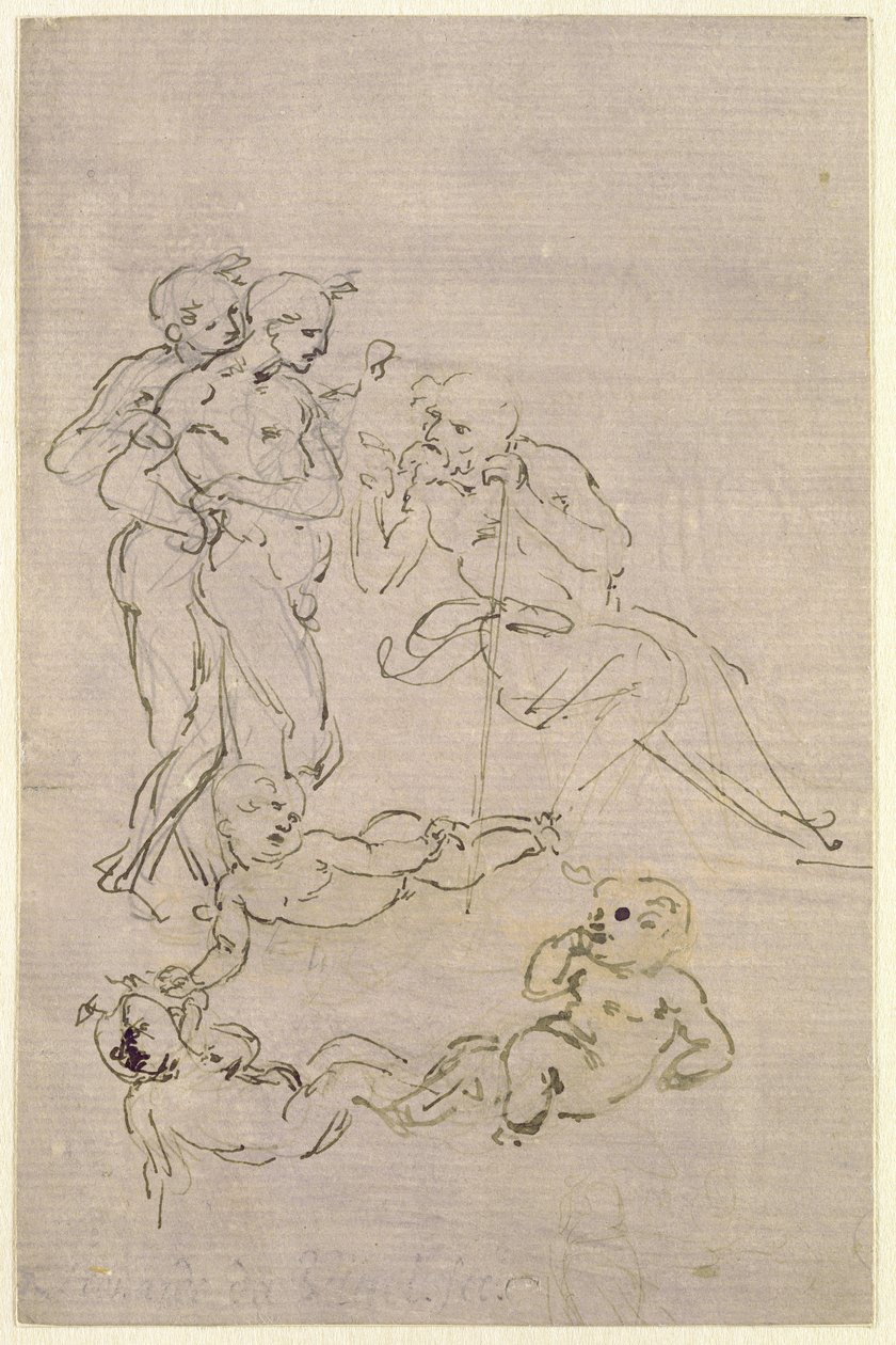 Figurenstudie für die Anbetung der Könige (Joseph und zwei Hirten und Skizzen für das Christkind), ca. 1481 von Leonardo da Vinci