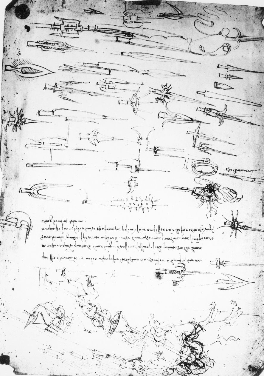 Blatt mit Studien von Fußsoldaten und Reitern im Kampf und Hellebarden, 1485-1488 von Leonardo da Vinci