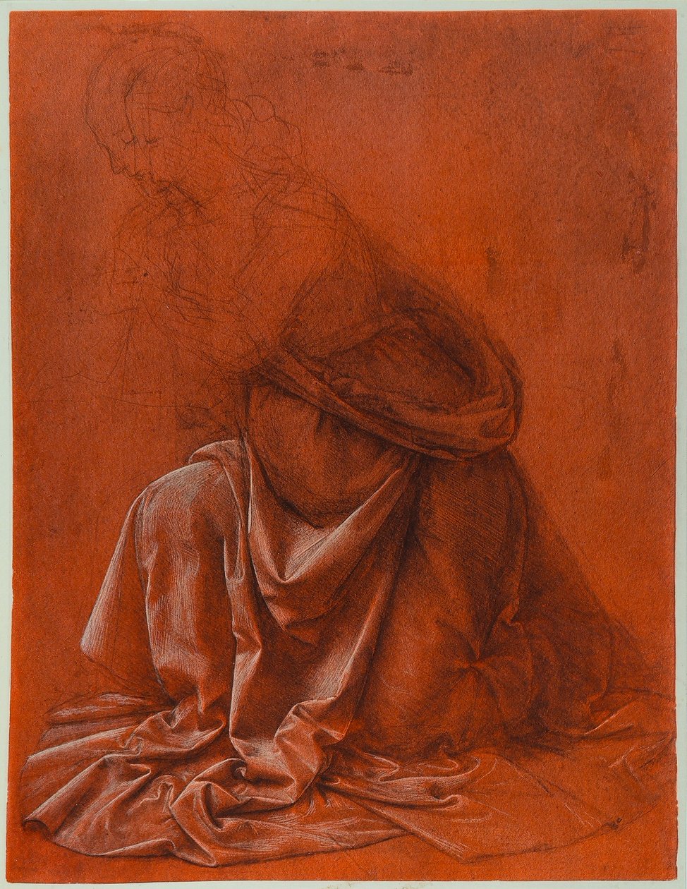 Studie für die Falten des Kleides einer weiblichen Figur; Silberstift- und Waschzeichnung, mit Weiß auf rotem Papier gehöht, von Leonardo da Vinci. Galleria Nazionale d