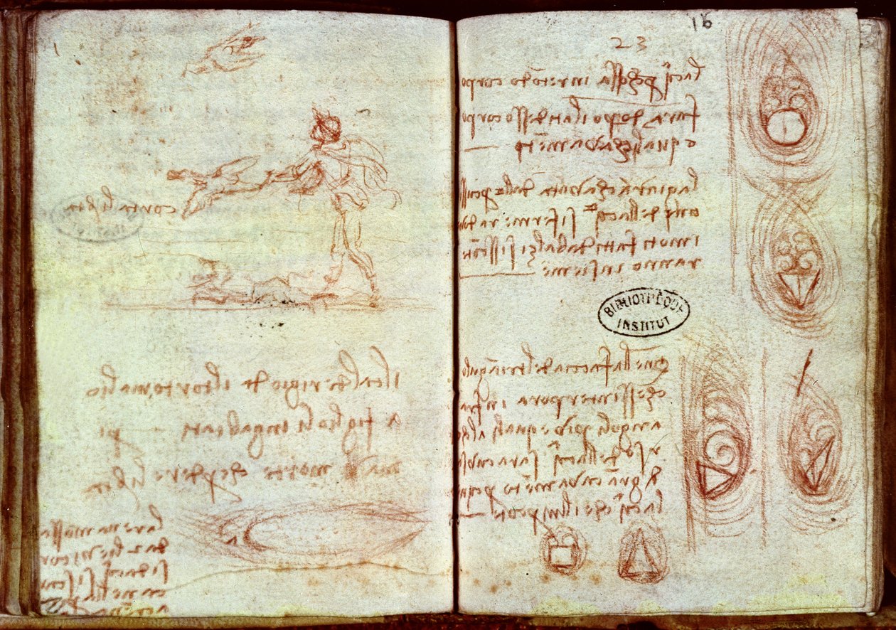 Studie der verschiedenen aerodynamischen Qualitäten von unterschiedlichen Formen mit einer Skizze eines Mannes und zwei Vögeln, Ms 7 von Leonardo da Vinci