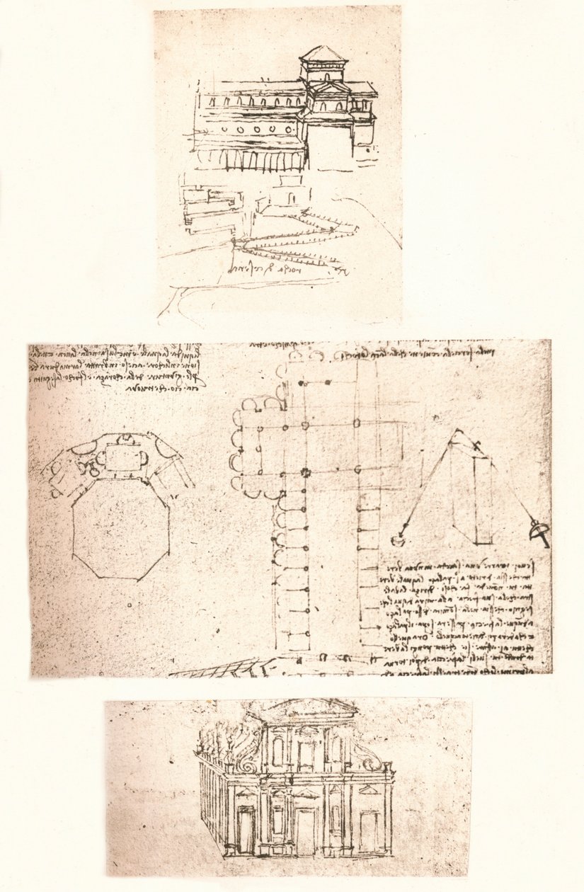 Drei Zeichnungen von Kirchen, um 1472-1519 von Leonardo da Vinci