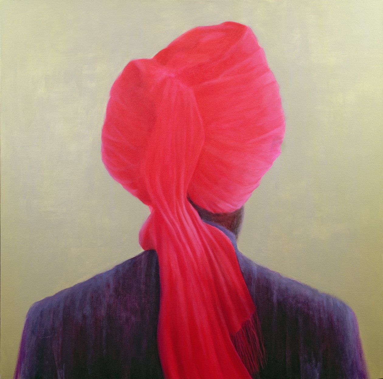 Roter Turban, lila Jacke von Lincoln Seligman