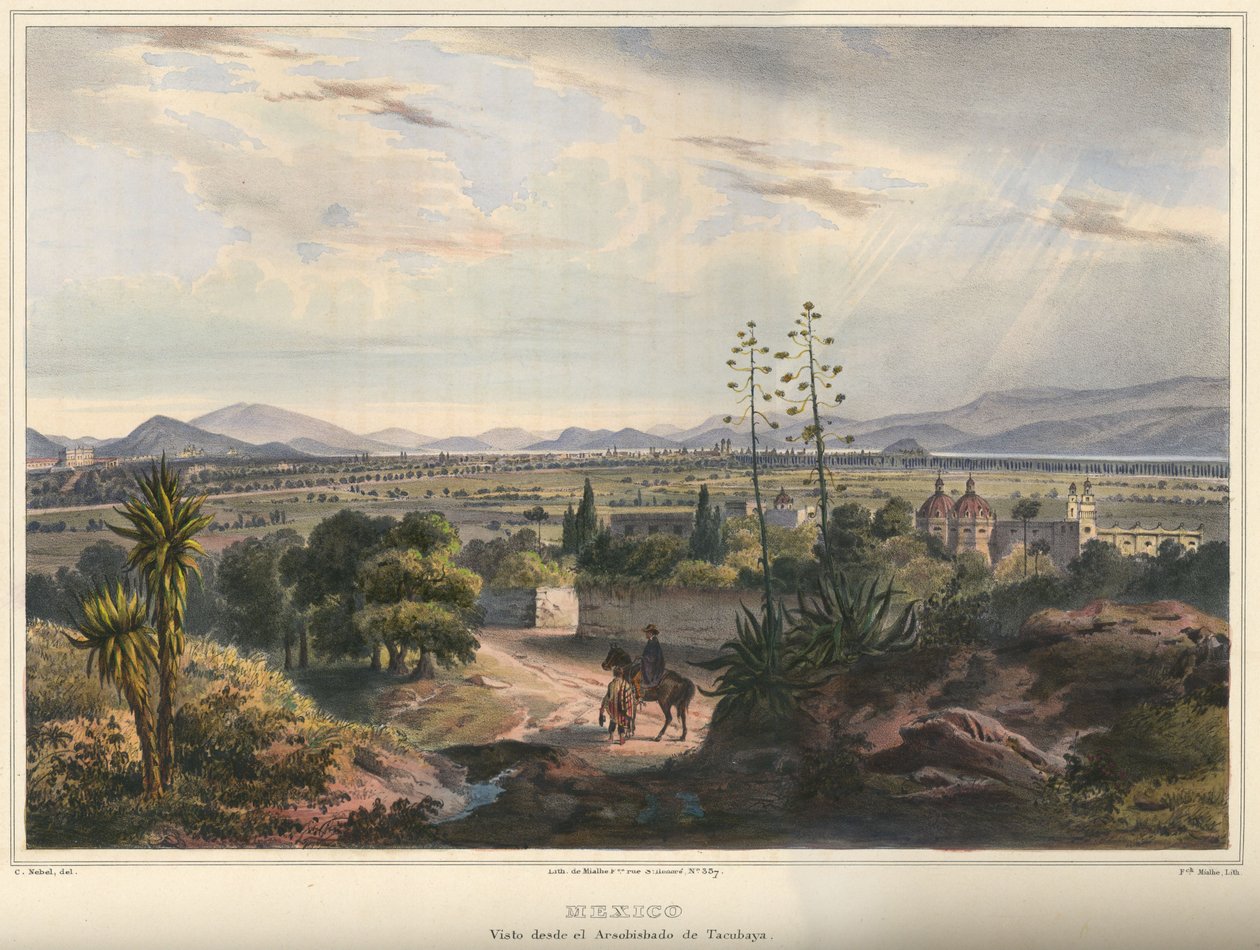 Mexiko, gesehen vom Erzbistum Tacubaya. Mexiko-Stadt gesehen von Tacubaya. Handkolorierte Lithografie mit Gummiarabikum hervorgehoben. Originalgröße (saubere Linien) von Frederic Mialhe