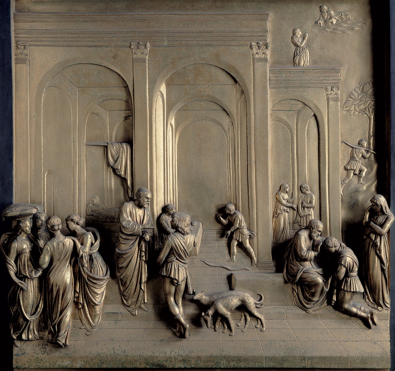 Die Geschichte von Jakob und Esau: Gottes Prophezeiung an Rebekka, die Geburt von Jakob und Esau: Esau verkauft sein Erstgeburtsrecht und Isaak segnet Jakob, eines von zehn Reliefpanelen von den Toren des Paradieses von Lorenzo Ghiberti