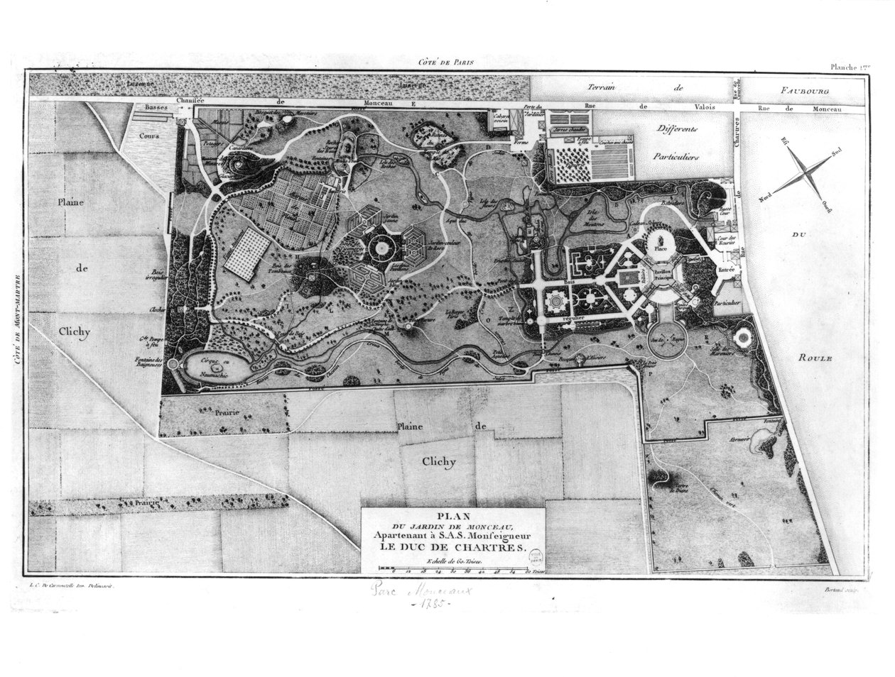 Plan des Parc Monceau in Paris, der dem Herzog von Chartres (1747-93) gehört, 1785 von Louis Carrogis dit Carmontelle