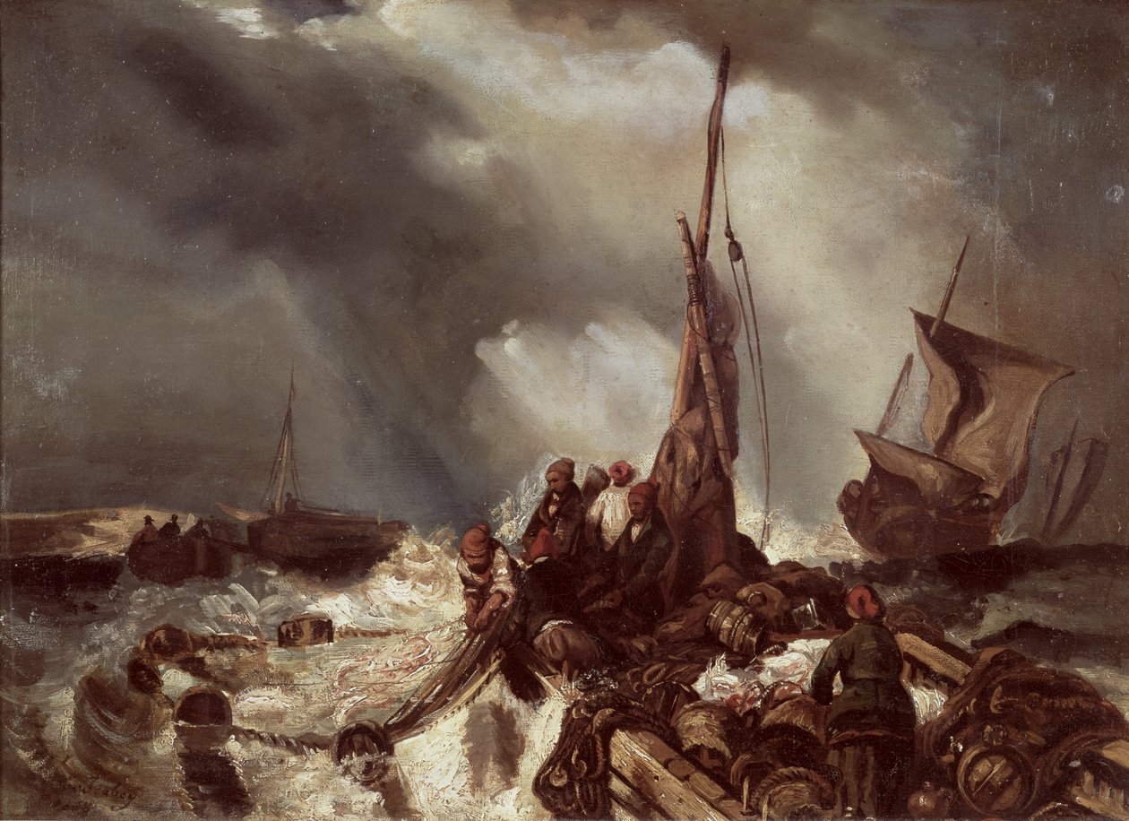 Ein Fischer zieht ein Netz ein, 1868 von Eugene Isabey