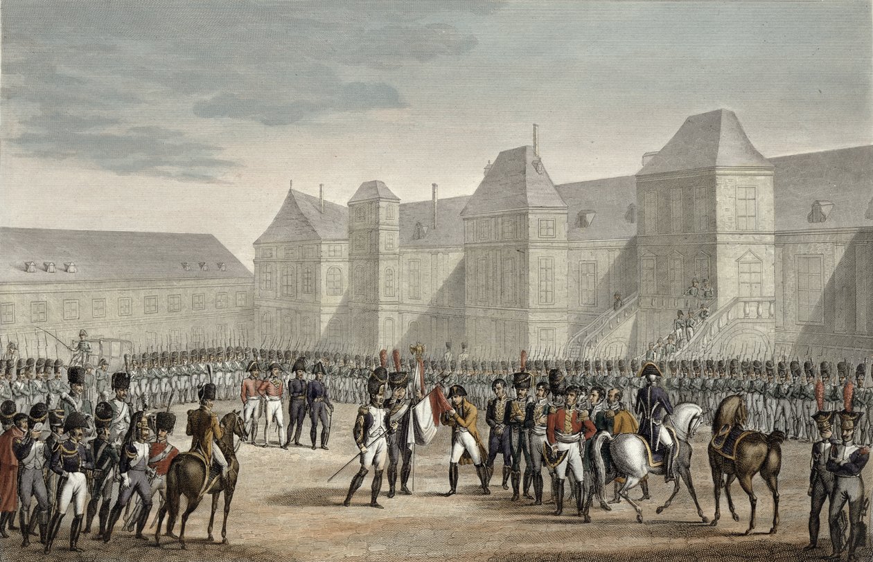 Die Abdankung Napoleons und seine Abreise von Fontainebleau zur Insel Elba, 20. April 1814, graviert von Francois Pigeot von Louis Francois Couche