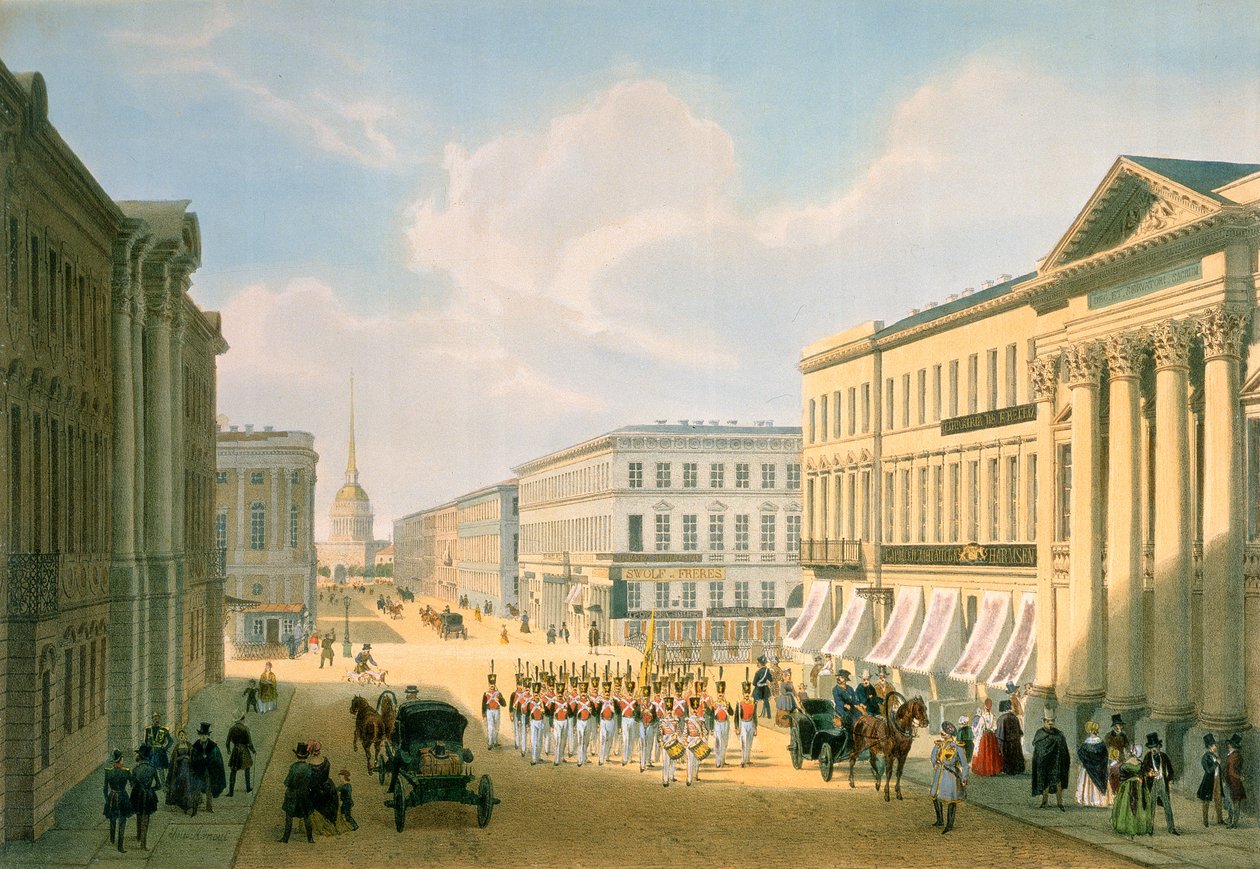 Die Polizeibrücke und der Newski-Prospekt in St. Petersburg, gedruckt von Lemercier, Paris, 1840er Jahre von Louis Jules Arnout