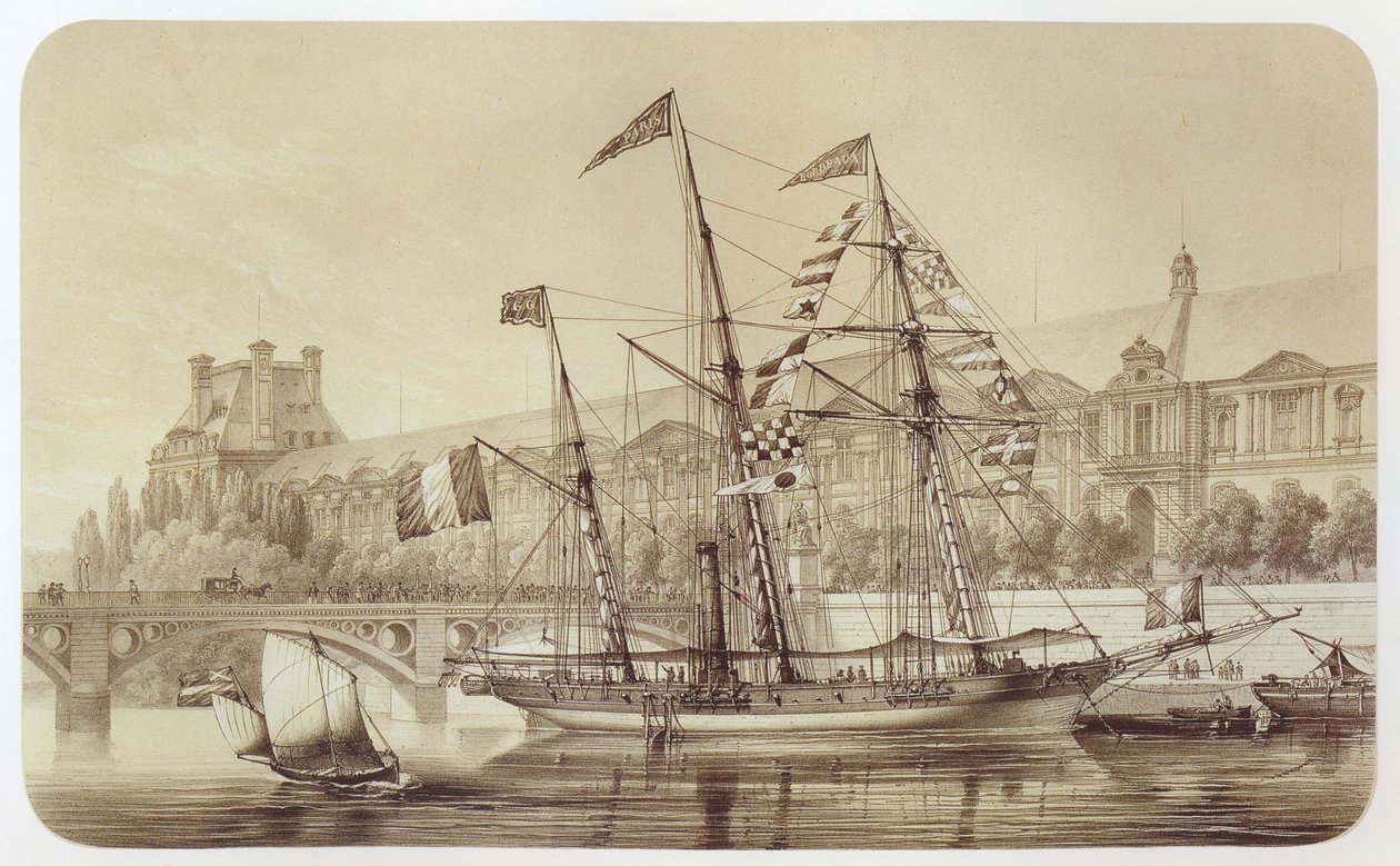 Die Sole, erstes Langstrecken-Propellerschiff, vor den Tuilerien in Paris verankert von Louis Le Breton