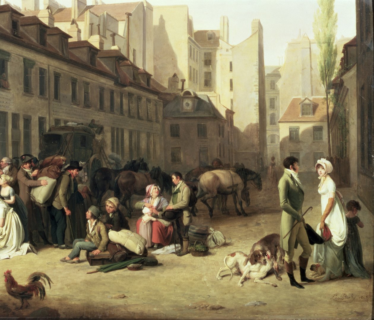Die Ankunft einer Postkutsche am Endpunkt, Detail (Passagiere) von Louis Leopold Boilly