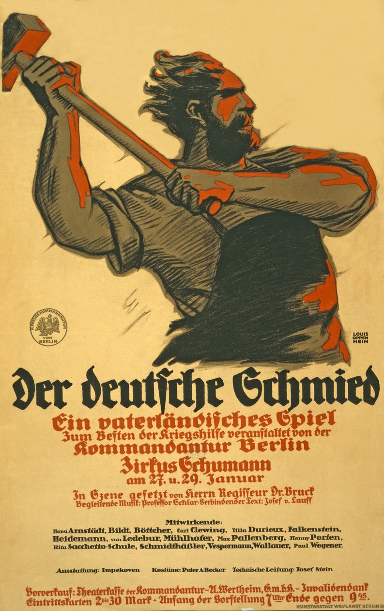 Plakat zur Ankündigung eines Stücks zugunsten der deutschen Kriegsunterstützung, ca. 1914-18 von Louis Oppenheim