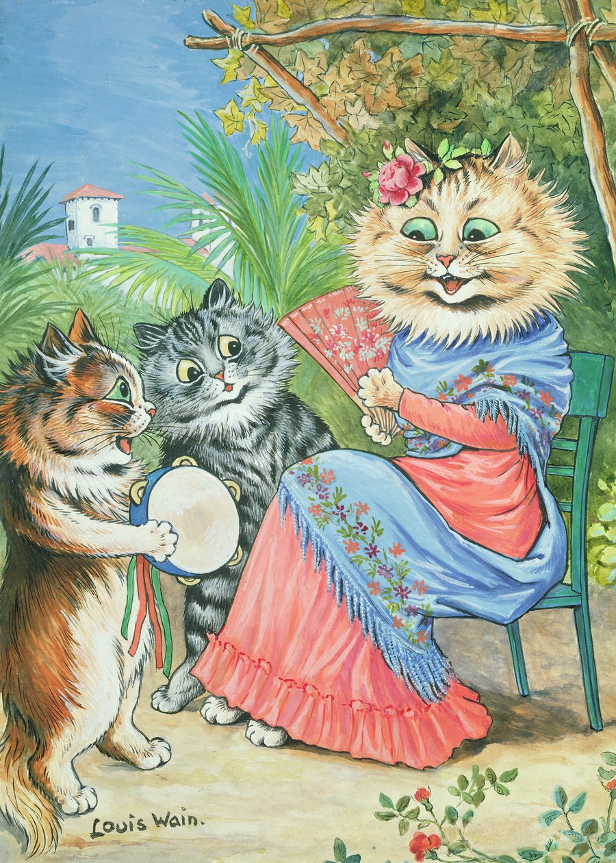 Mutterkatze mit Fächer und zwei Kätzchen von Louis Wain