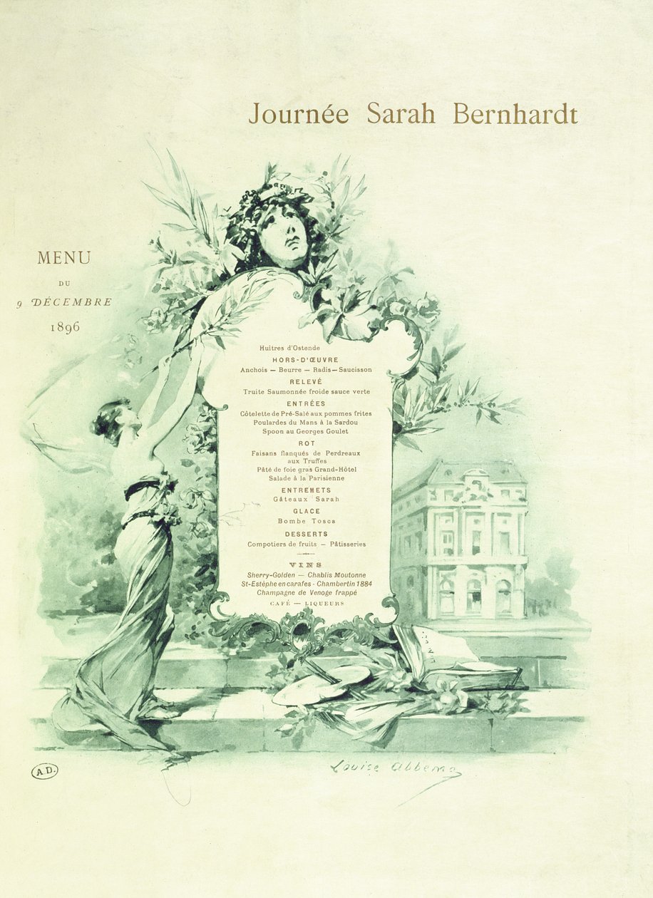 Menü für den Sarah Bernhardt Tag, 9. Dezember 1896 von Louise Abbéma
