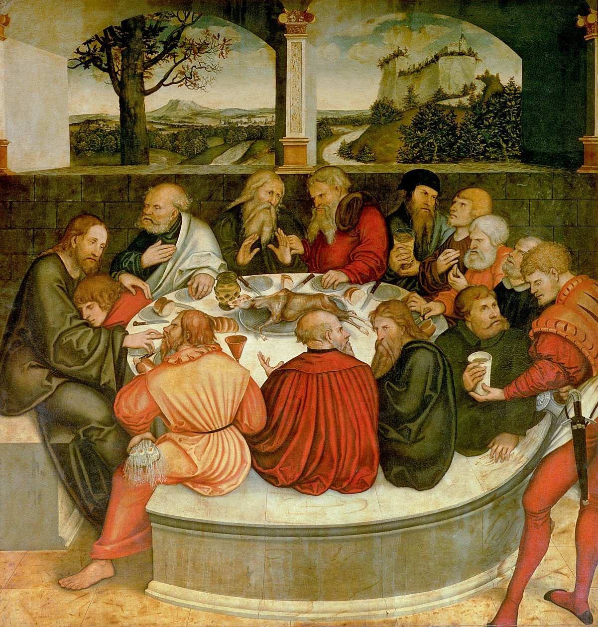 Triptychon, linkes Panel, Philipp Melanchthon führt eine Taufe durch, assistiert von Martin Luther; mittleres Panel, das letzte Abendmahl mit Luther unter den Aposteln; rechtes Panel, Luther beichtet von Lucas Cranach the Elder