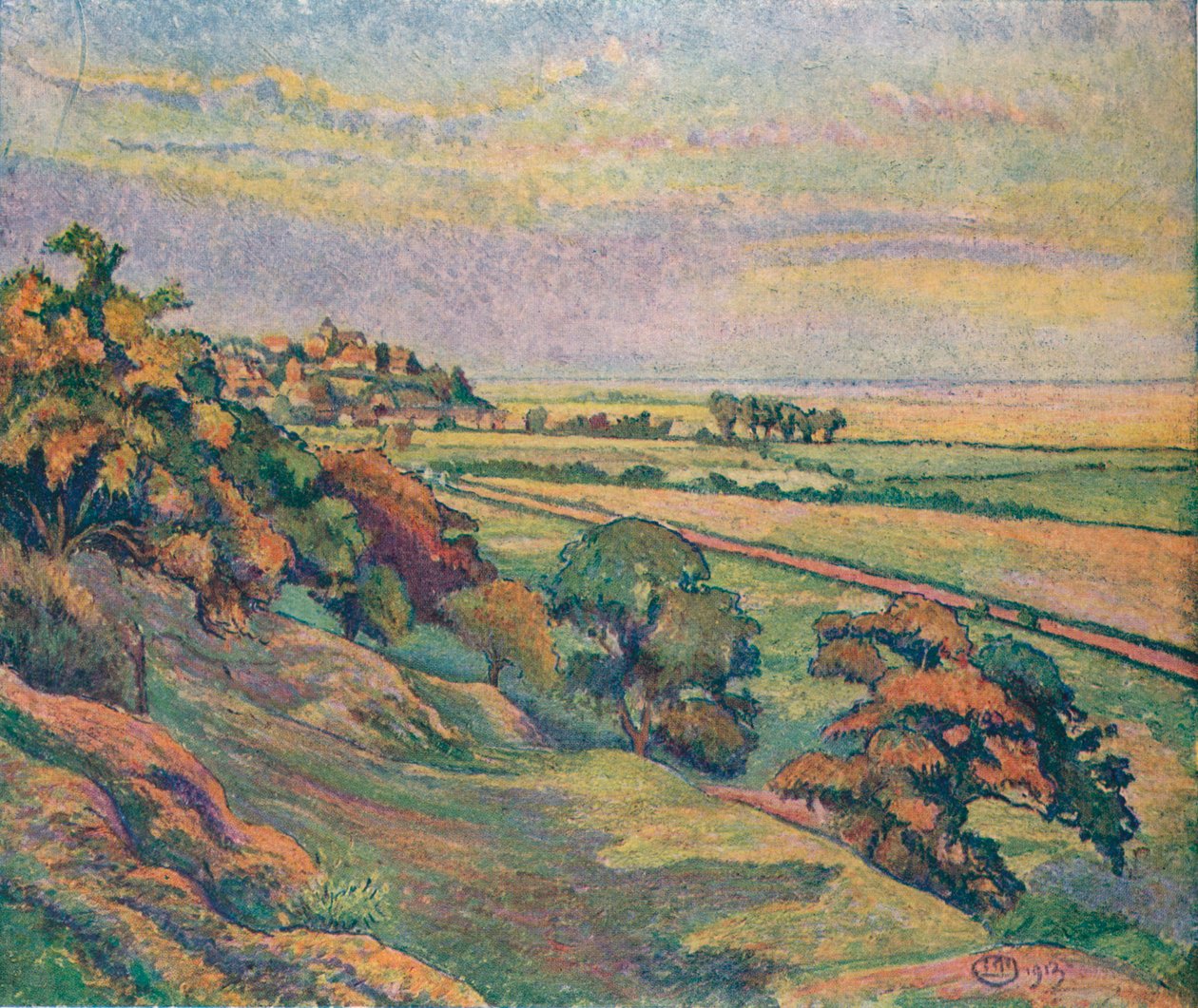 Rye von Cadborough, Sonnenuntergang, 1913 von Lucien Pissaro
