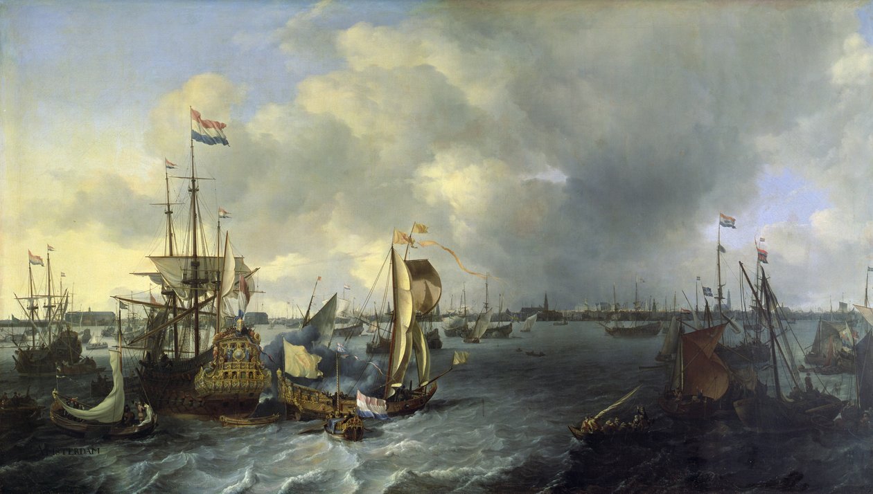 Der Hafen von Amsterdam, Blick auf das Ij, 1666 von Ludolf Backhuysen