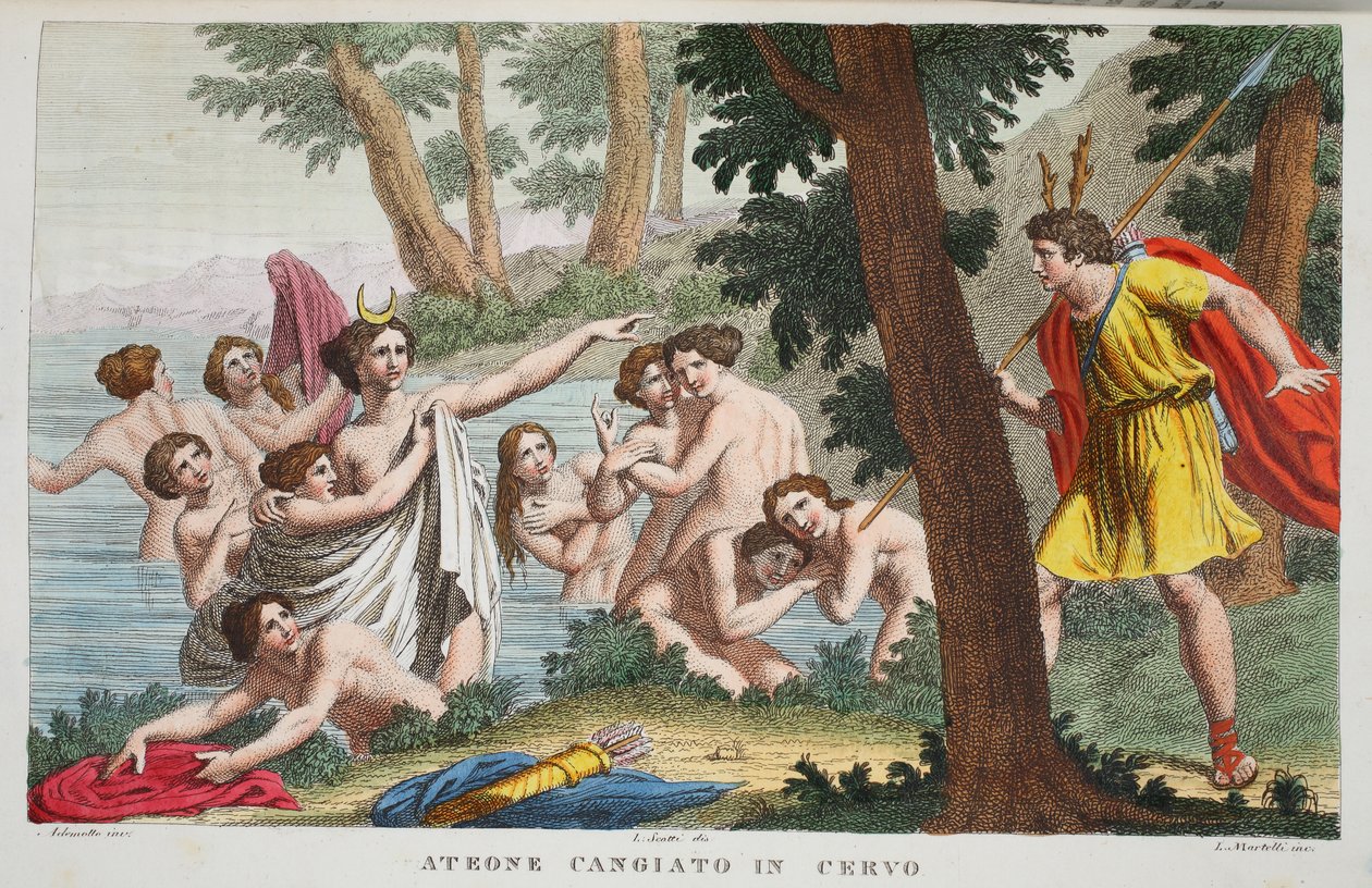 Actaeon in einen Hirsch verwandelt, Illustration aus Ovids Metamorphosen, Florenz, 1832 von Luigi Ademollo