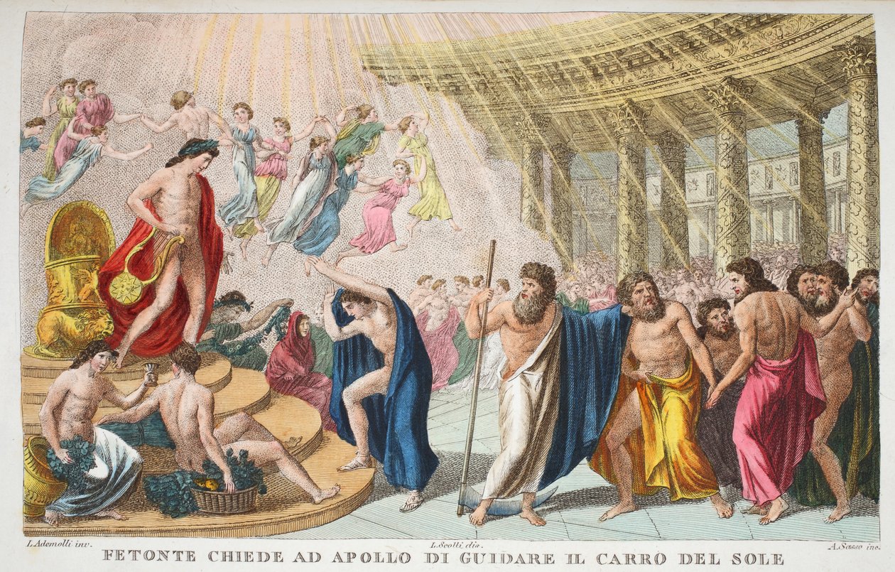 Der Palast der Sonne oder Fetonte bittet Apollo, den Sonnenwagen zu lenken, Buch II, Illustration aus Ovids Metamorphosen, Florenz, 1832 von Luigi Ademollo