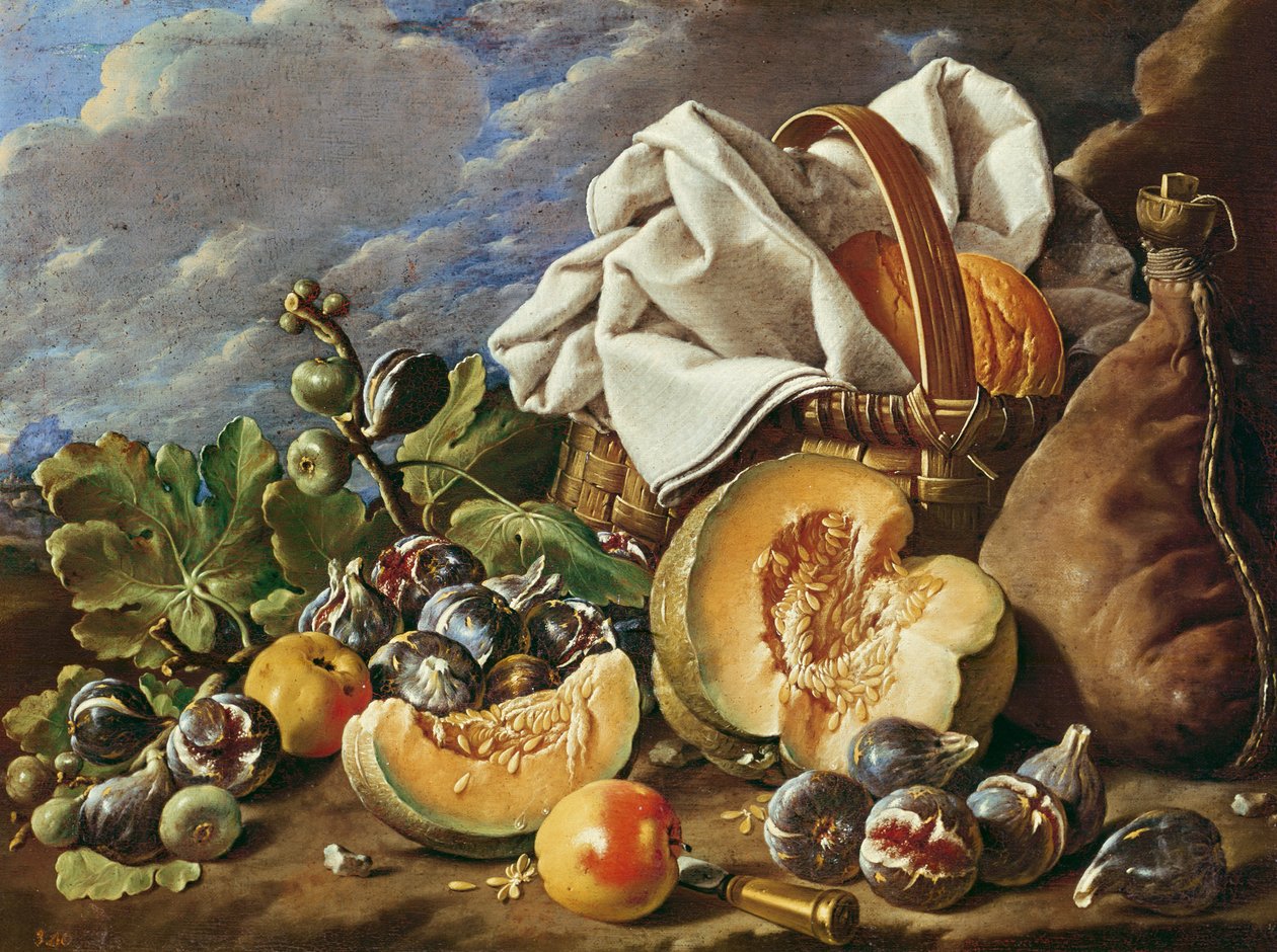 Stillleben mit Feigen, Weidenkorb, Kürbis, Brot, Weinschlauch und Messer von Luis Egidio Melendez